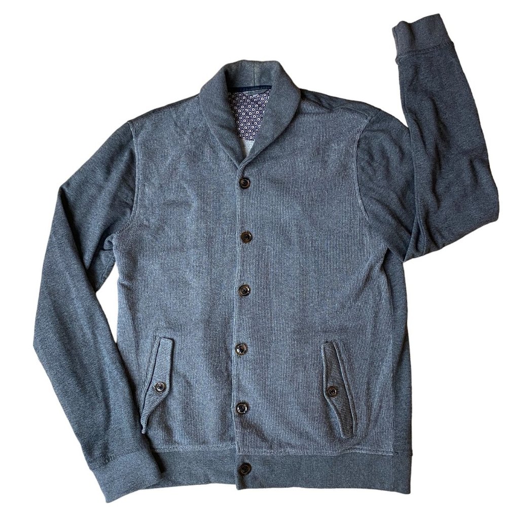 Ted Baker Berden Shawl Collar Button Cardigan Gray French Terry Quiet Luxury-L